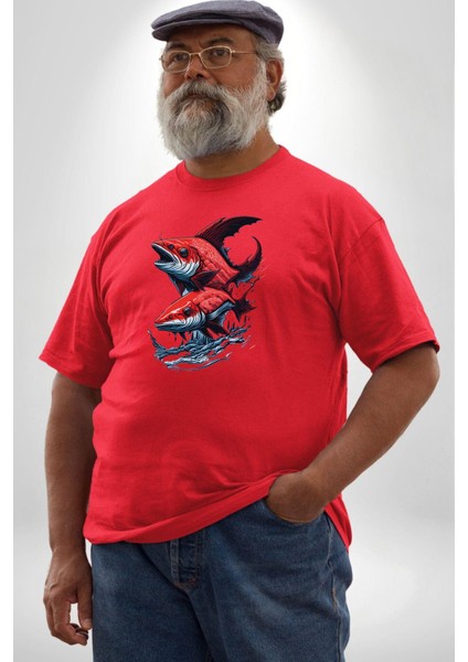 Kırmızı Japon Balığı Kırmızı Büyük Beden Erkek Kadın Unisex Basic Ön Baskılı Tişört
