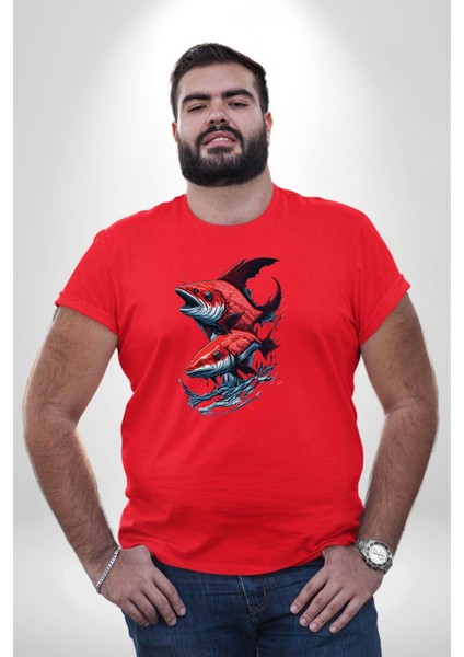 Kırmızı Japon Balığı Kırmızı Büyük Beden Erkek Kadın Unisex Basic Ön Baskılı Tişört fiyatları