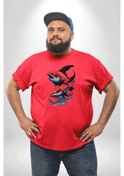 Kırmızı Japon Balığı Kırmızı Büyük Beden Erkek Kadın Unisex Basic Ön Baskılı Tişört modelleri