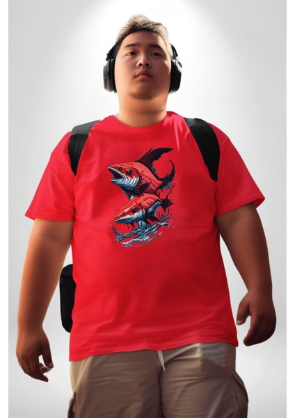 Kırmızı Japon Balığı Kırmızı Büyük Beden Erkek Kadın Unisex Basic Ön Baskılı Tişört fırsatları