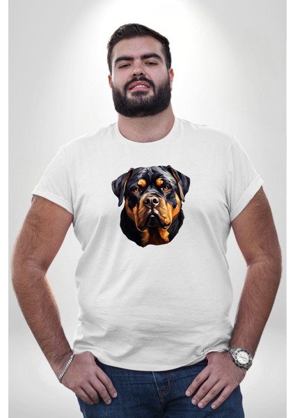 Rottweiler Kafası Beyaz Büyük Beden Kadın Erkek Ünisex Basic Ön Baskılı Tişört