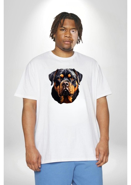Rottweiler Kafası Beyaz Büyük Beden Kadın Erkek Ünisex Basic Ön Baskılı Tişört