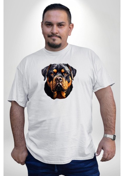Rottweiler Kafası Beyaz Büyük Beden Kadın Erkek Ünisex Basic Ön Baskılı Tişört