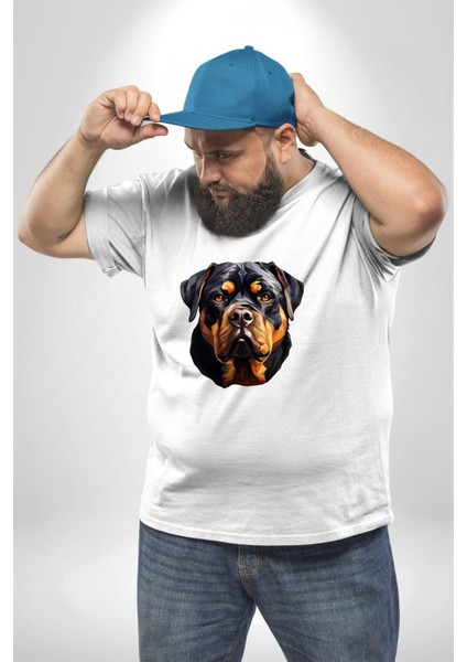 Rottweiler Kafası Beyaz Büyük Beden Kadın Erkek Ünisex Basic Ön Baskılı Tişört