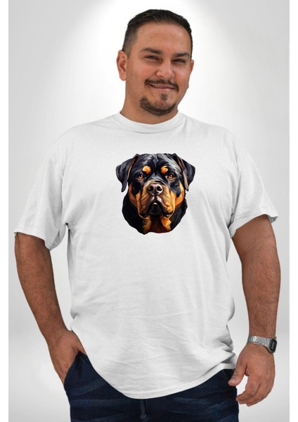 Rottweiler Kafası Beyaz Büyük Beden Kadın Erkek Ünisex Basic Ön Baskılı Tişört