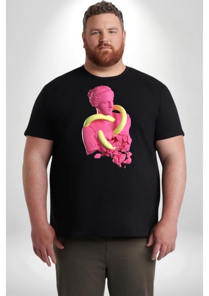 Pop Art Yaratıcı Heykel Pembe Siyah Büyük Beden Erkek Kadın Unisex Basic Ön Baskılı Tişört
