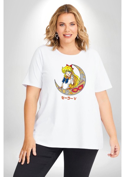 Sailor Moon Ay Savaşcısı Anime Beyaz Büyük Beden Kadın Erkek Ünisex Basic Ön Baskılı Tişört fırsatları