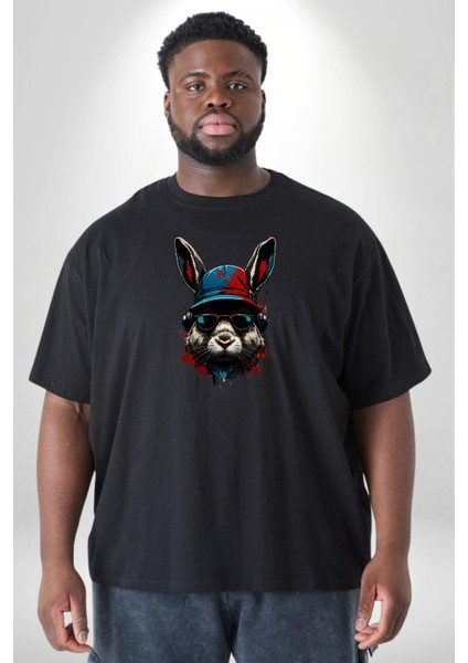 Müzik Şapka Gözlük Takan Tavşan Siyah Büyük Beden Erkek Kadın Unisex Basic Ön Baskılı Tişört