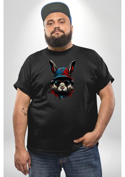 Müzik Şapka Gözlük Takan Tavşan Siyah Büyük Beden Erkek Kadın Unisex Basic Ön Baskılı Tişört modelleri