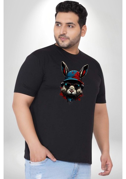 Müzik Şapka Gözlük Takan Tavşan Siyah Büyük Beden Erkek Kadın Unisex Basic Ön Baskılı Tişört fırsatları