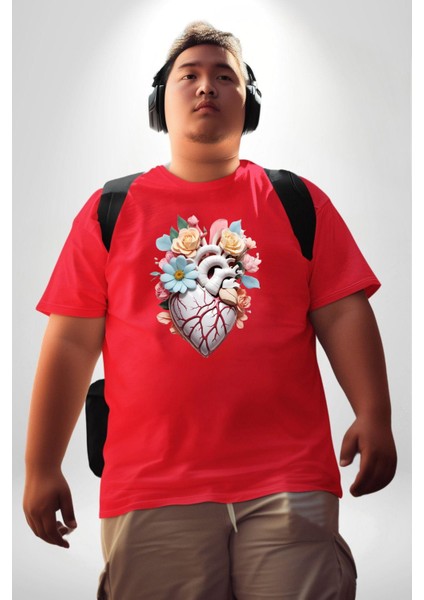 Porselen Çiçek Kalp Kırmızı Büyük Beden Erkek Kadın Unisex Basic Ön Baskılı Tişört