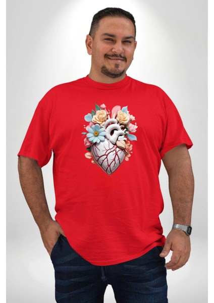 Porselen Çiçek Kalp Kırmızı Büyük Beden Erkek Kadın Unisex Basic Ön Baskılı Tişört fiyatları
