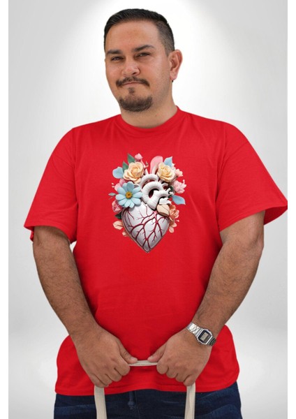 Porselen Çiçek Kalp Kırmızı Büyük Beden Erkek Kadın Unisex Basic Ön Baskılı Tişört modelleri