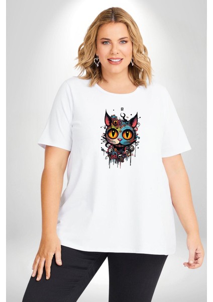 Meksikalı Alebrije Kedi Fütüristik Kedi Beyaz Büyük Beden Kadın Erkek Ünisex Basic Ön Baskılı Tişört modelleri