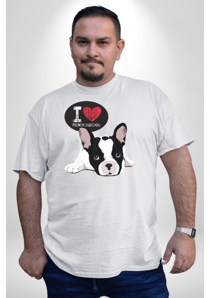 Seni Seviyorum Bulldog Beyaz Büyük Beden Kadın Erkek Ünisex Basic Ön Baskılı Tişört modelleri