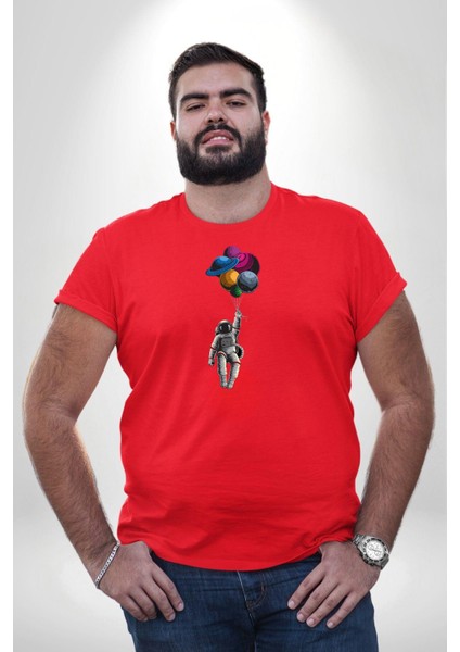Gezegenler Balon Astronot Yükselişi Kırmızı Büyük Beden Erkek Kadın Unisex Basic Ön Baskılı Tişört modelleri