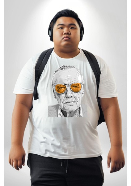 Stan Lee Beyaz Büyük Beden Kadın Erkek Ünisex Basic Ön Baskılı Tişört