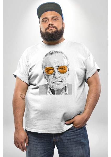 Stan Lee Beyaz Büyük Beden Kadın Erkek Ünisex Basic Ön Baskılı Tişört
