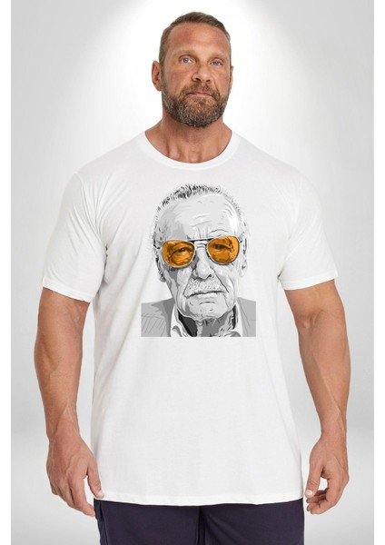 Stan Lee Beyaz Büyük Beden Kadın Erkek Ünisex Basic Ön Baskılı Tişört