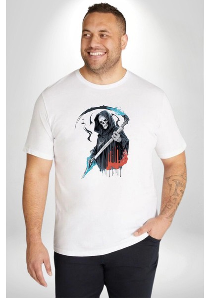 Azrail Ölüm Tanrısı Iskelet Beyaz Büyük Beden Kadın Erkek Ünisex Basic Ön Baskılı Tişört