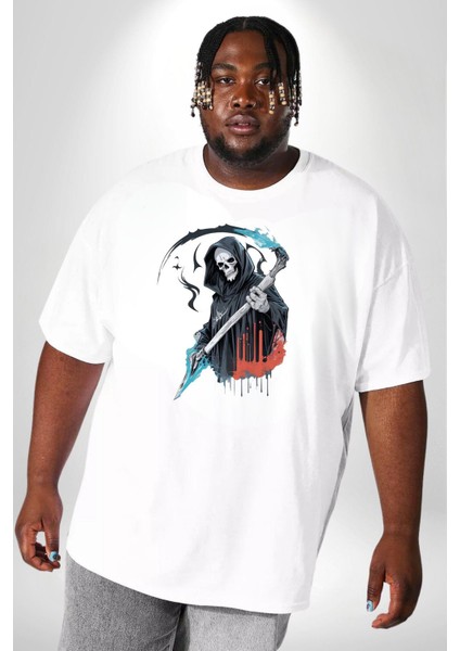 Azrail Ölüm Tanrısı Iskelet Beyaz Büyük Beden Kadın Erkek Ünisex Basic Ön Baskılı Tişört fiyatları