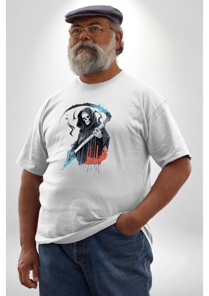 Azrail Ölüm Tanrısı Iskelet Beyaz Büyük Beden Kadın Erkek Ünisex Basic Ön Baskılı Tişört modelleri