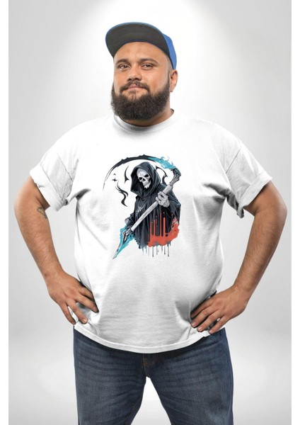 Azrail Ölüm Tanrısı Iskelet Beyaz Büyük Beden Kadın Erkek Ünisex Basic Ön Baskılı Tişört fırsatları