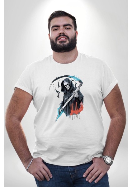 Azrail Ölüm Tanrısı Iskelet Beyaz Büyük Beden Kadın Erkek Ünisex Basic Ön Baskılı Tişört indirimleri