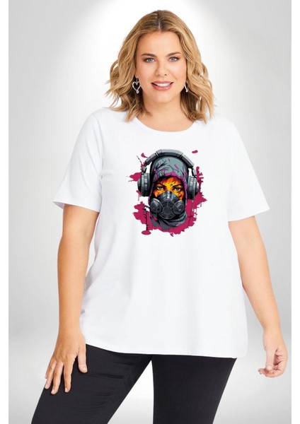 Maske Duman Corona Müzik Kulaklık Beyaz Büyük Beden Kadın Erkek Ünisex Basic Ön Baskılı Tişört