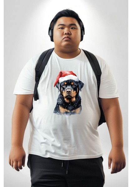 Yeni Yıl Noel Rottweiler Beyaz Büyük Beden Kadın Erkek Ünisex Basic Ön Baskılı Tişört
