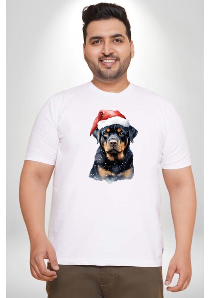 Yeni Yıl Noel Rottweiler Beyaz Büyük Beden Kadın Erkek Ünisex Basic Ön Baskılı Tişört fiyatları