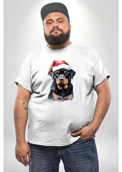 Yeni Yıl Noel Rottweiler Beyaz Büyük Beden Kadın Erkek Ünisex Basic Ön Baskılı Tişört fırsatları