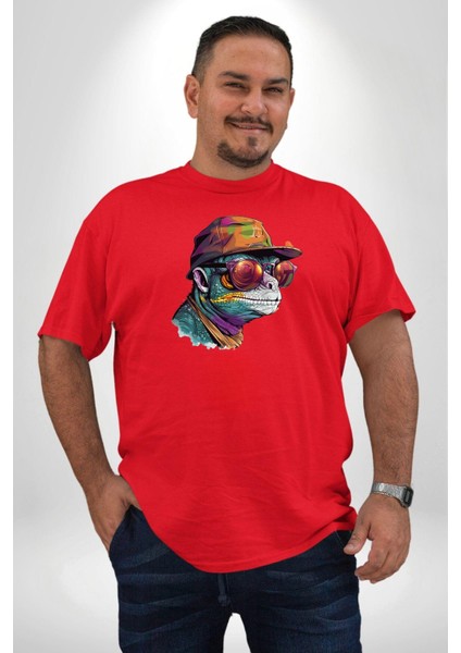 Gözlük Şapka Mukalemun Kırmızı Büyük Beden Erkek Kadın Unisex Basic Ön Baskılı Tişört