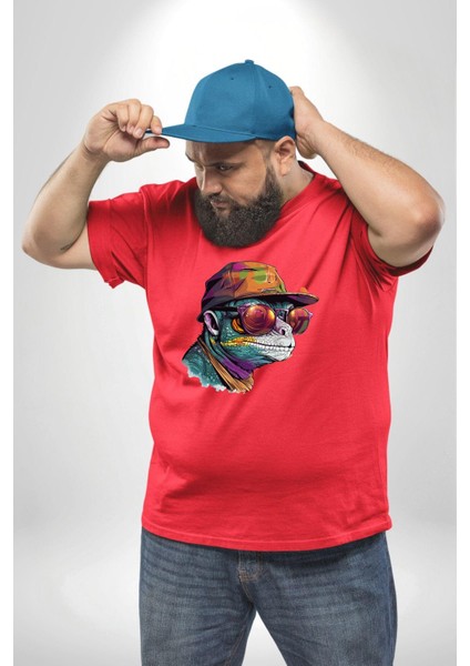 Gözlük Şapka Mukalemun Kırmızı Büyük Beden Erkek Kadın Unisex Basic Ön Baskılı Tişört modelleri