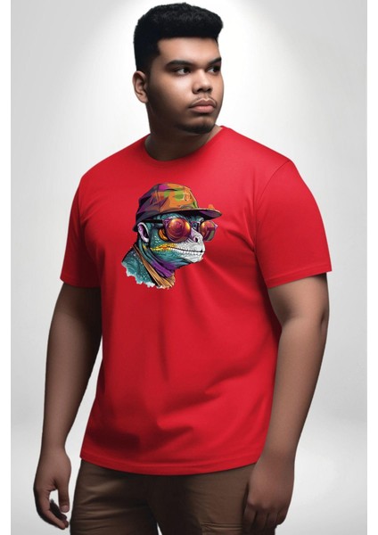 Gözlük Şapka Mukalemun Kırmızı Büyük Beden Erkek Kadın Unisex Basic Ön Baskılı Tişört fırsatları