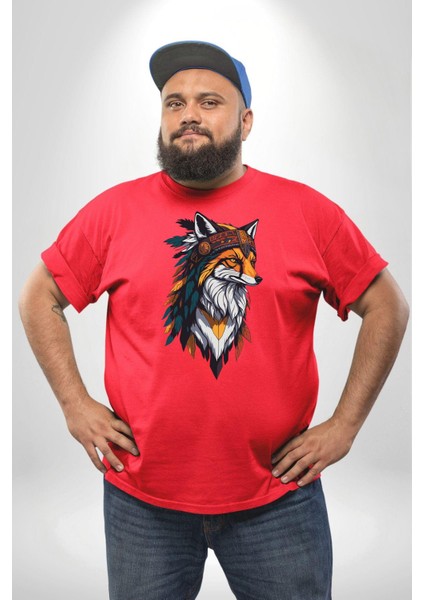 Kızılderili Tilki Kırmızı Büyük Beden Erkek Kadın Unisex Basic Ön Baskılı Tişört
