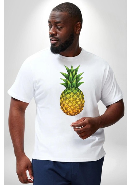 Ananas Meyve Beyaz Büyük Beden Kadın Erkek Ünisex Basic Ön Baskılı Tişört