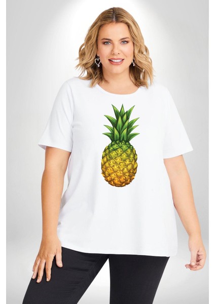 Ananas Meyve Beyaz Büyük Beden Kadın Erkek Ünisex Basic Ön Baskılı Tişört fiyatları