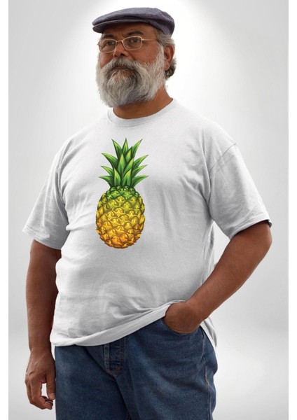 Ananas Meyve Beyaz Büyük Beden Kadın Erkek Ünisex Basic Ön Baskılı Tişört indirimleri