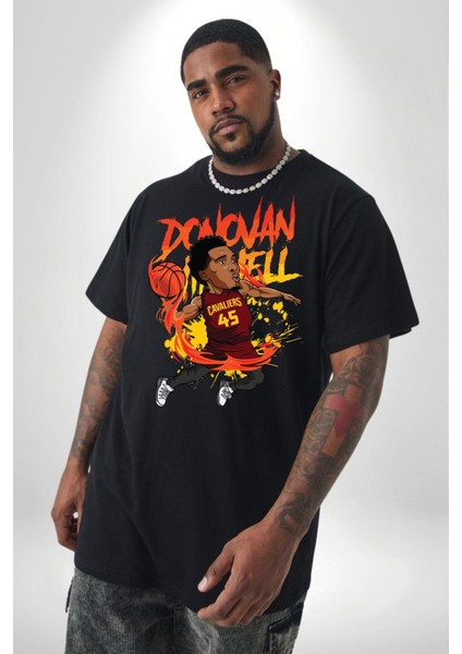 Donovan Mitchell Basketbol Karikatür Siyah Büyük Beden Erkek Kadın Unisex Basic Ön Baskılı Tişört indirimleri