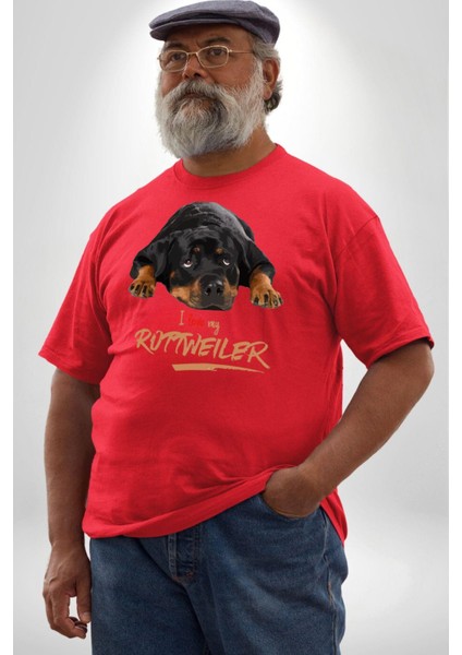 Rottweiler Sevgisi Kırmızı Büyük Beden Erkek Kadın Unisex Basic Ön Baskılı Tişört