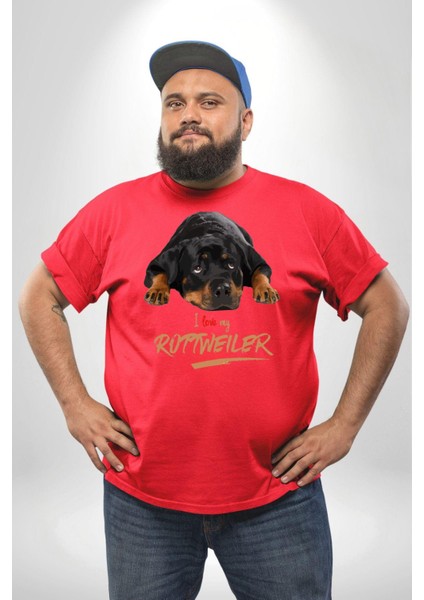 Rottweiler Sevgisi Kırmızı Büyük Beden Erkek Kadın Unisex Basic Ön Baskılı Tişört
