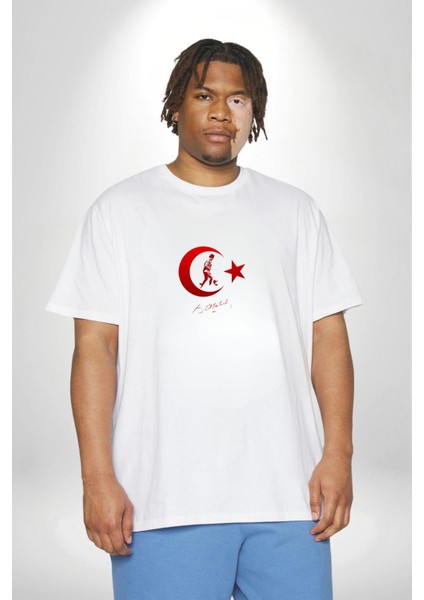 Ay Yıldız Beyaz Kemal Atatürk Imza Beyaz Büyük Beden Kadın Erkek Ünisex Basic Ön Baskılı Tişört