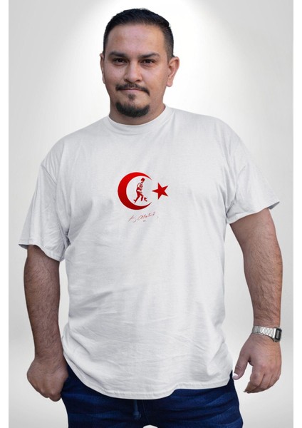 Ay Yıldız Beyaz Kemal Atatürk Imza Beyaz Büyük Beden Kadın Erkek Ünisex Basic Ön Baskılı Tişört fiyatları