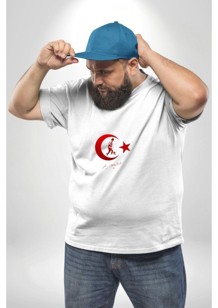 Ay Yıldız Beyaz Kemal Atatürk Imza Beyaz Büyük Beden Kadın Erkek Ünisex Basic Ön Baskılı Tişört modelleri