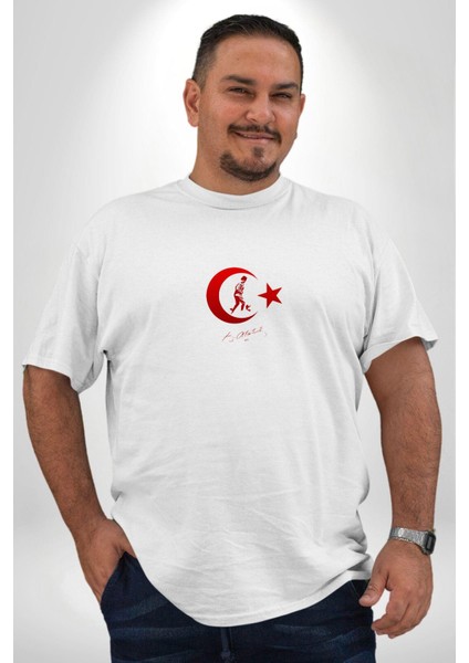 Ay Yıldız Beyaz Kemal Atatürk Imza Beyaz Büyük Beden Kadın Erkek Ünisex Basic Ön Baskılı Tişört fırsatları