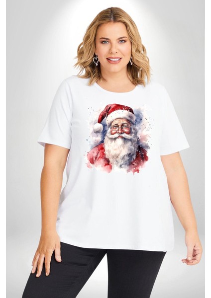 Mutlu Noel Baba Yeni Yıl Tasarımı Beyaz Büyük Beden Kadın Erkek Ünisex Basic Ön Baskılı Tişört