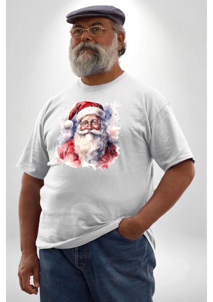 Mutlu Noel Baba Yeni Yıl Tasarımı Beyaz Büyük Beden Kadın Erkek Ünisex Basic Ön Baskılı Tişört fırsatları