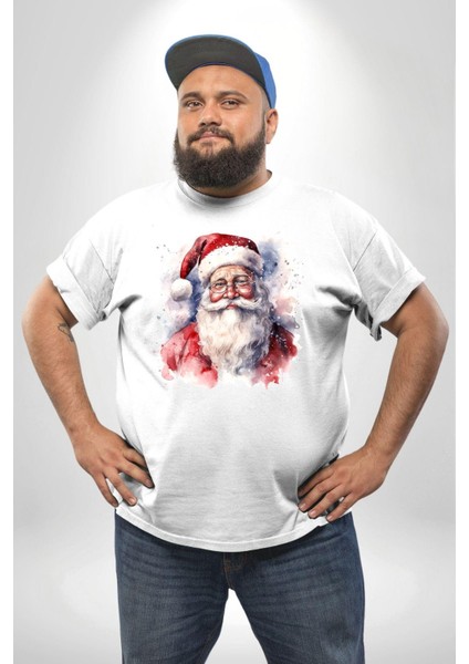 Mutlu Noel Baba Yeni Yıl Tasarımı Beyaz Büyük Beden Kadın Erkek Ünisex Basic Ön Baskılı Tişört indirimleri