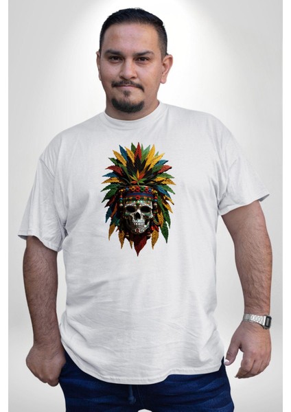 Kurukafa Iskelet Kızılderili Tüy Kartal Şefi Beyaz Büyük Beden Kadın Erkek Ünisex Basic Ön Baskılı Tişört